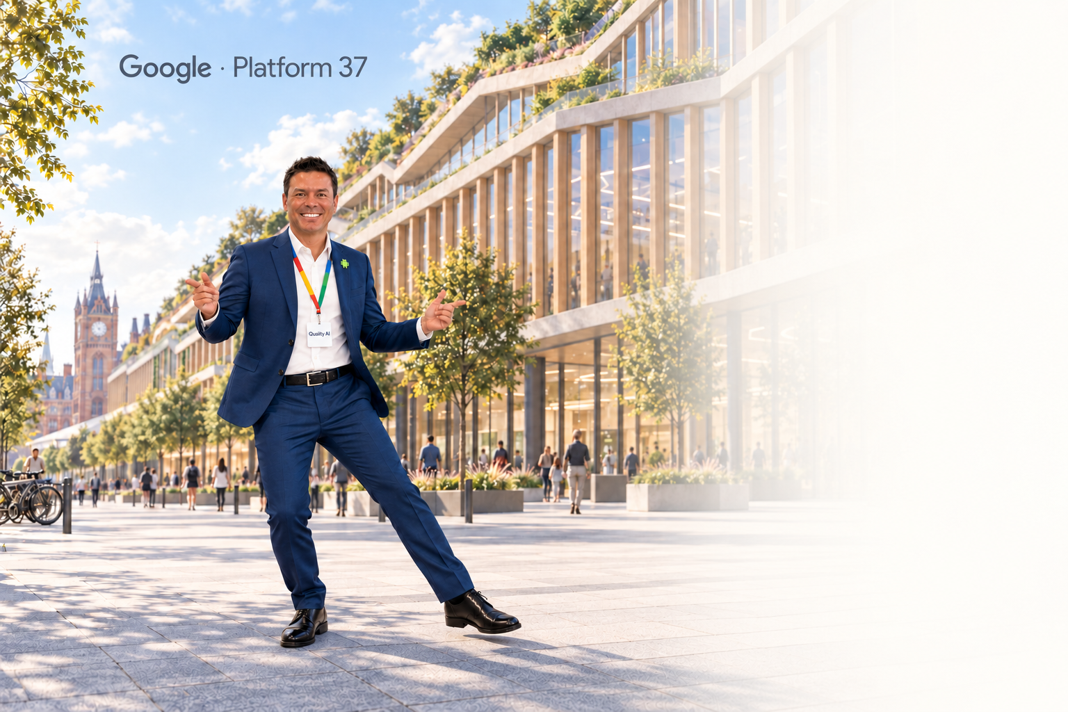 Illustration of Keith dancing near Google’s London office and St Pancras, with discreet partner details